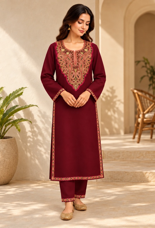 Set of 2: Burgundy Cashmilon Kashmiri Embroidered Lace Phiran & Pant Set パンツ M