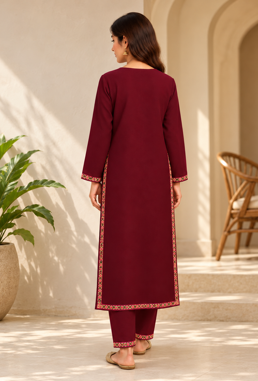 Set of 2: Burgundy Cashmilon Kashmiri Embroidered Lace Phiran & Pant Set パンツ M