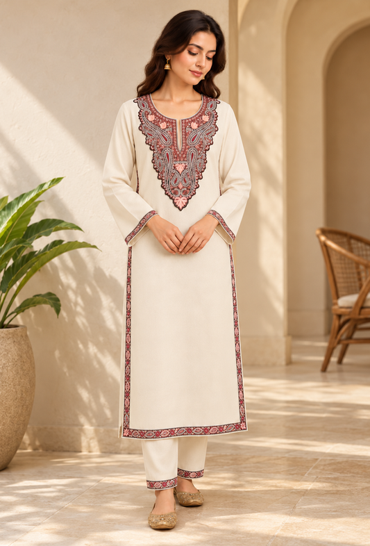 Set of 2: Ivory Cashmilon Kashmiri Embroidered Lace Phiran & Pant Set パンツ M
