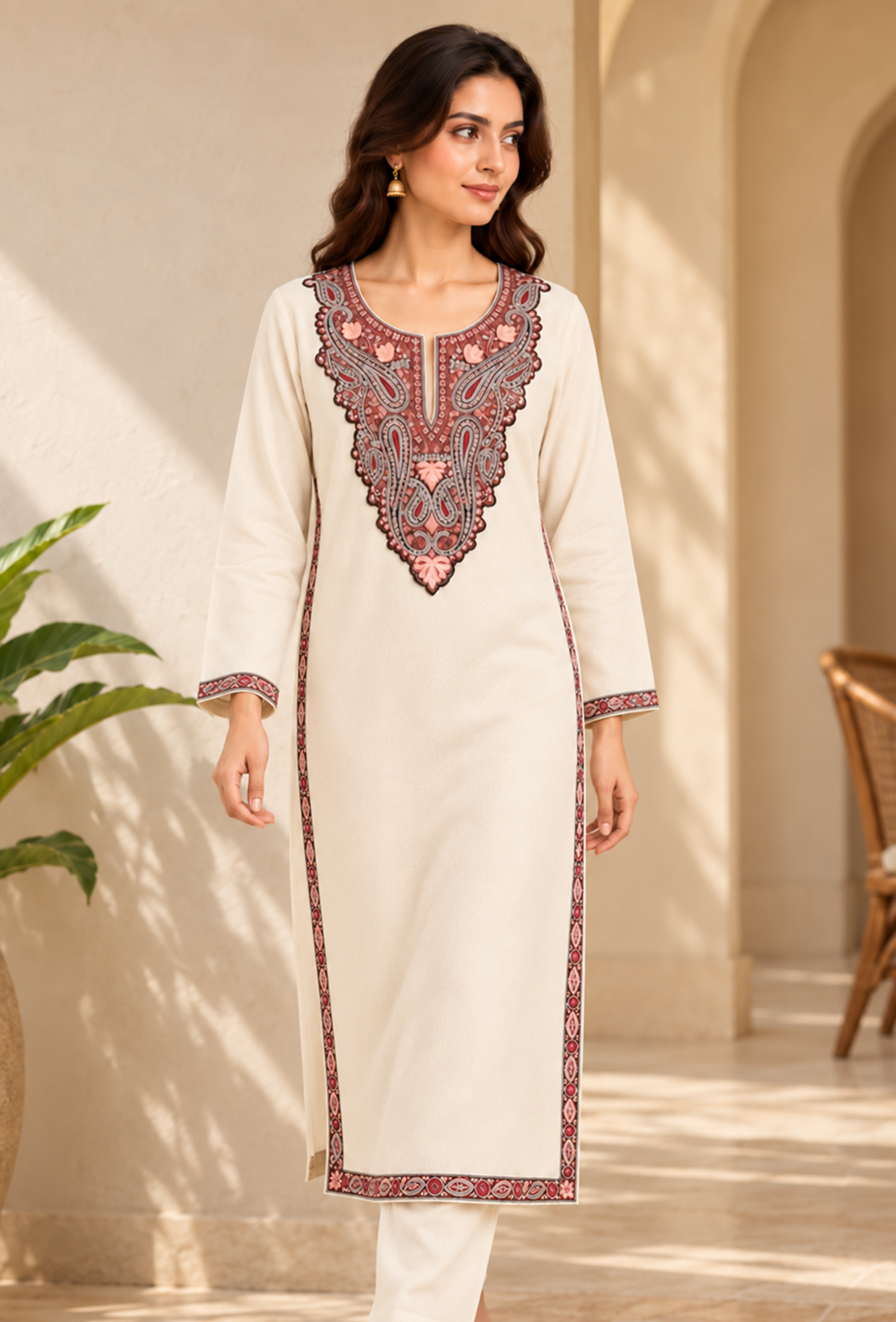 Ivory Cashmilon Kashmiri Embroidered Lace Phiran サイズ フリーサイズ