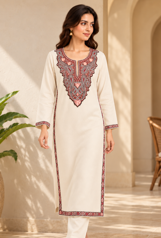 Ivory Cashmilon Kashmiri Embroidered Lace Phiran サイズ フリーサイズ