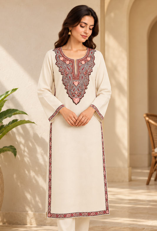 Ivory Cashmilon Kashmiri Embroidered Lace Phiran サイズ フリーサイズ
