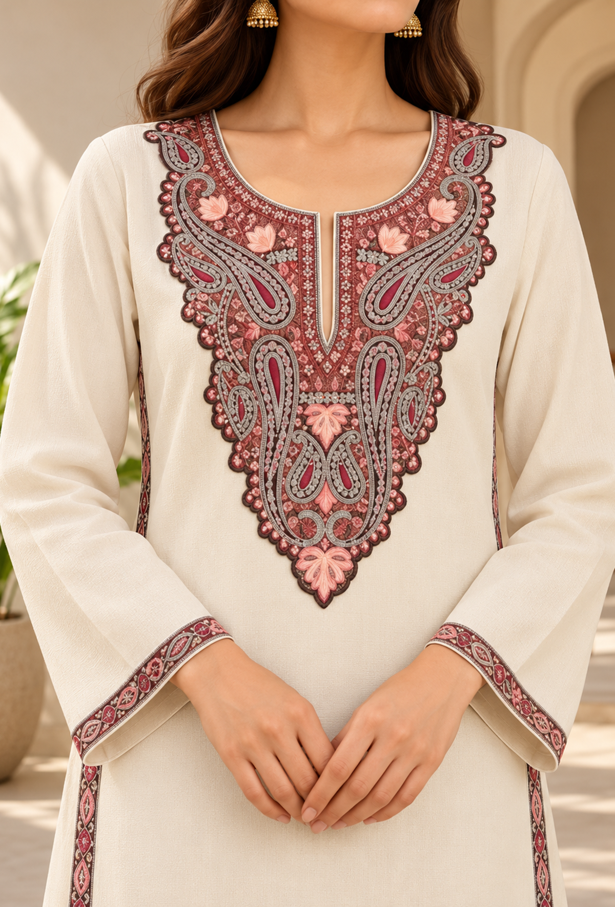 Ivory Cashmilon Kashmiri Embroidered Lace Phiran サイズ フリーサイズ