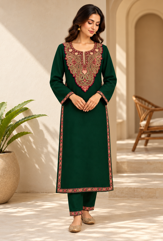 Set of 2: Emerald Green Cashmilon Kashmiri Embroidered Lace Phiran & Pant Set パンツ M