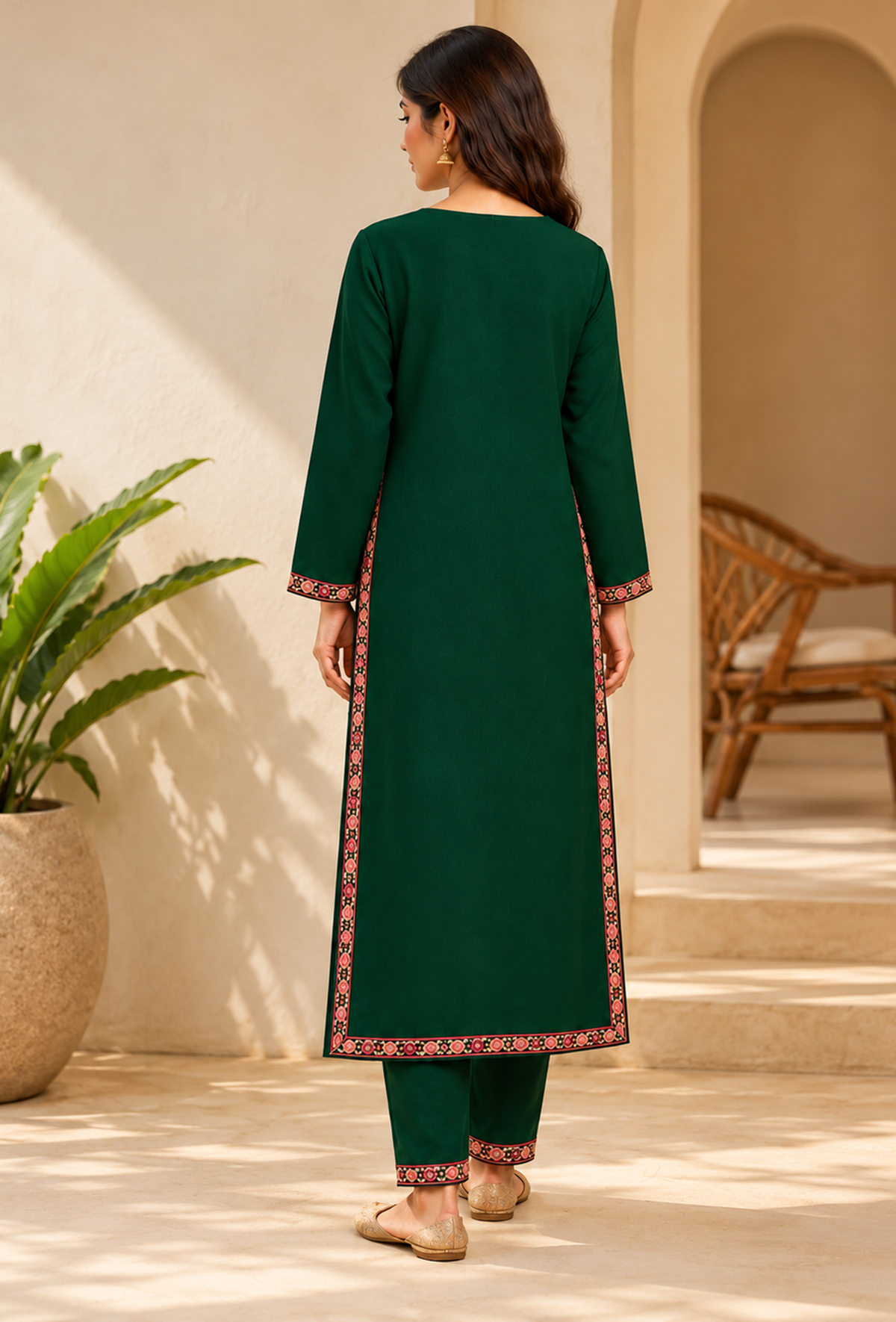 Set of 2: Emerald Green Cashmilon Kashmiri Embroidered Lace Phiran & Pant Set パンツ M