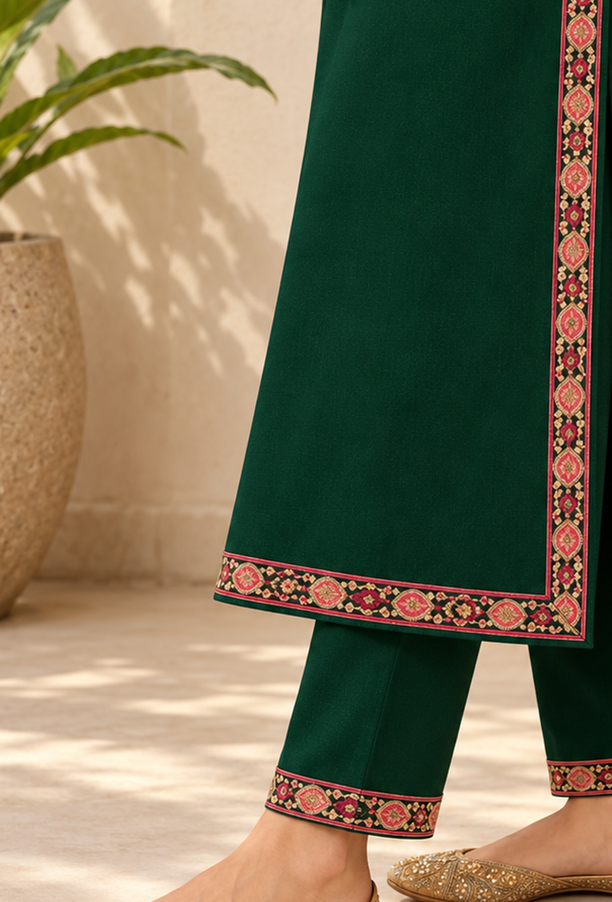 Set of 2: Emerald Green Cashmilon Kashmiri Embroidered Lace Phiran & Pant Set パンツ M
