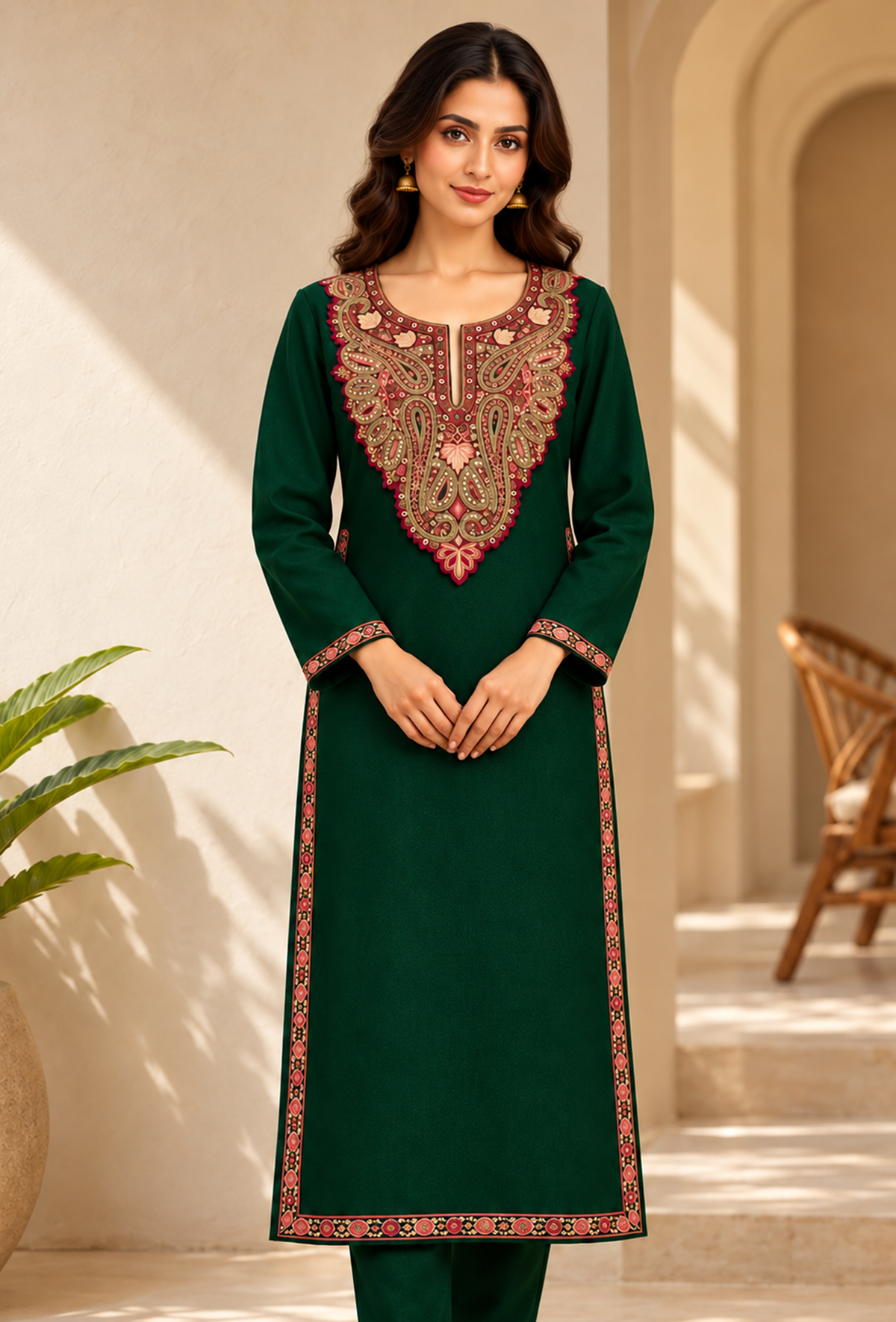 Emerald Green Cashmilon Kashmiri Embroidered Lace Phiran サイズ フリーサイズ