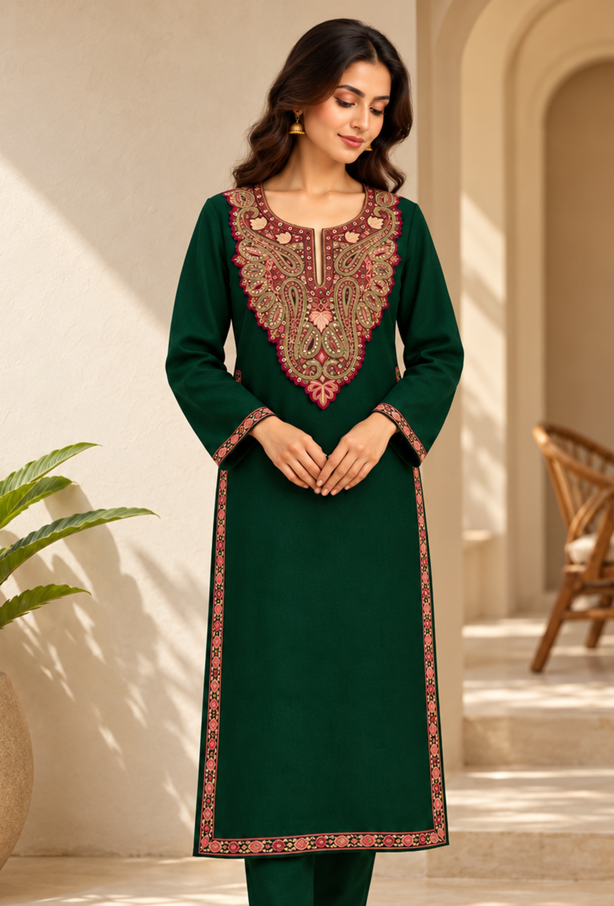 Emerald Green Cashmilon Kashmiri Embroidered Lace Phiran サイズ フリーサイズ