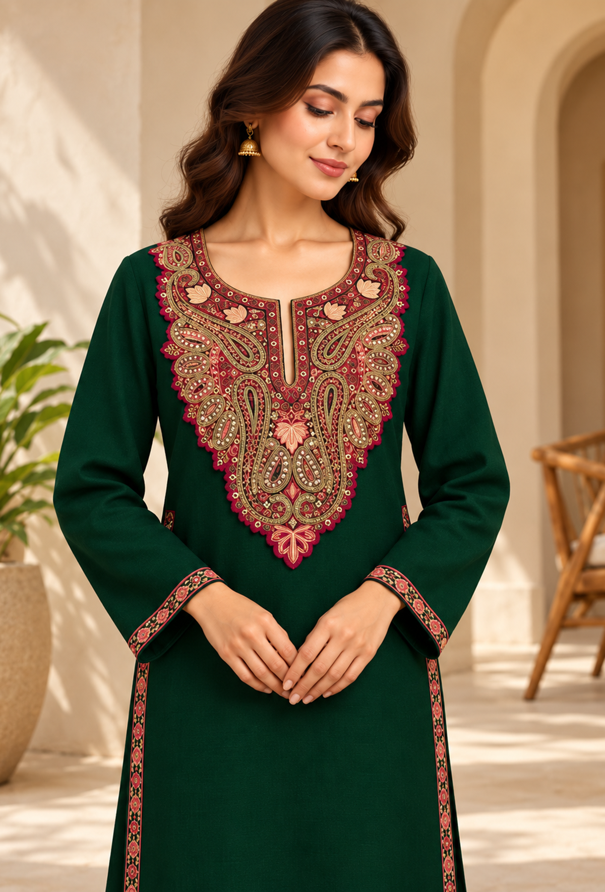 Emerald Green Cashmilon Kashmiri Embroidered Lace Phiran サイズ フリーサイズ