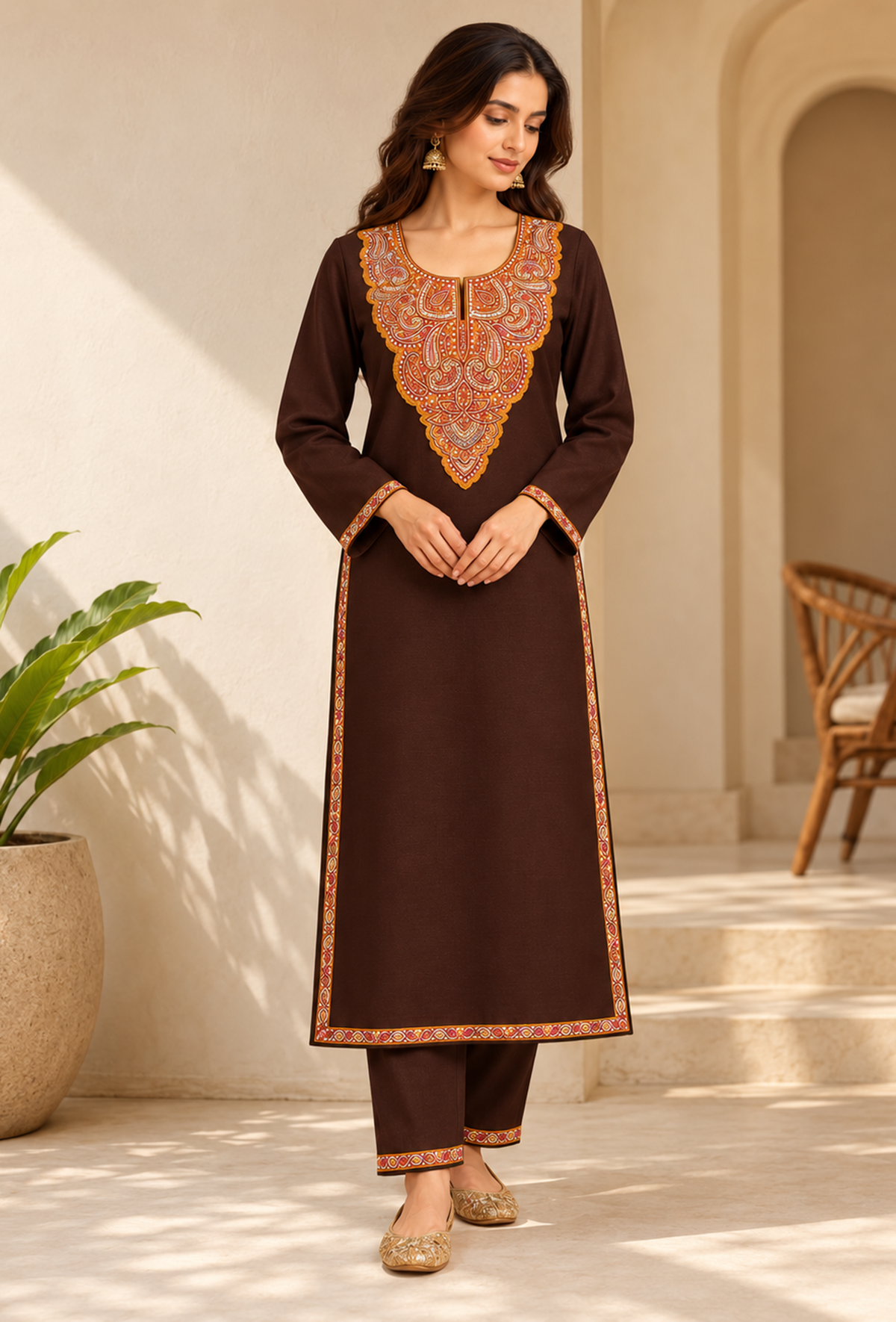 Set of 2: Chocolate Brown Cashmilon Kashmiri Embroidered Lace Phiran & Pant Set パンツ M