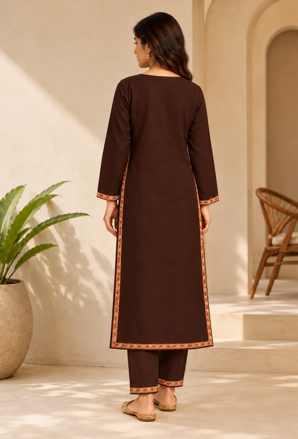 Set of 2: Chocolate Brown Cashmilon Kashmiri Embroidered Lace Phiran & Pant Set パンツ M