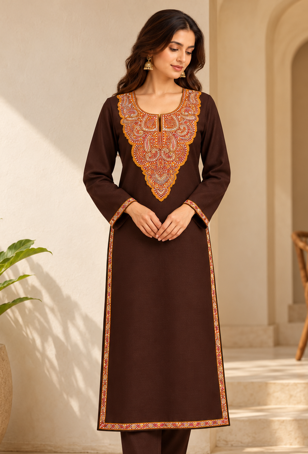 Chocolate Brown Cashmilon Kashmiri Embroidered Lace Phiran サイズ フリーサイズ