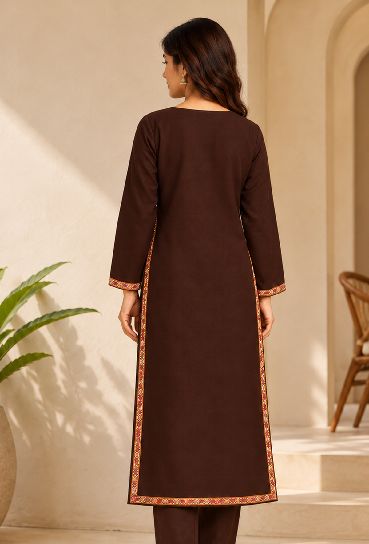 Chocolate Brown Cashmilon Kashmiri Embroidered Lace Phiran サイズ フリーサイズ