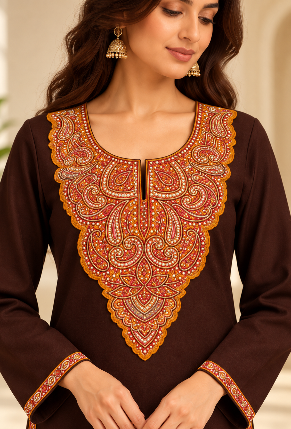 Chocolate Brown Cashmilon Kashmiri Embroidered Lace Phiran サイズ フリーサイズ