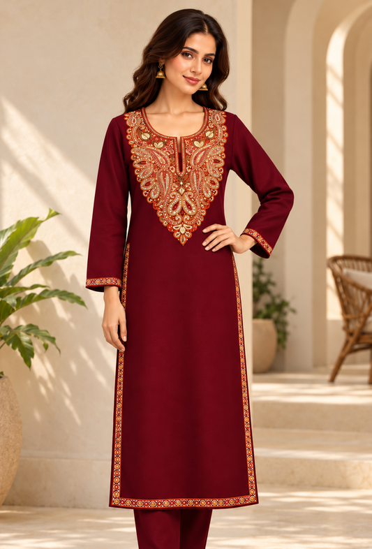 Burgundy Cashmilon Kashmiri Embroidered Lace Phiran サイズ フリーサイズ
