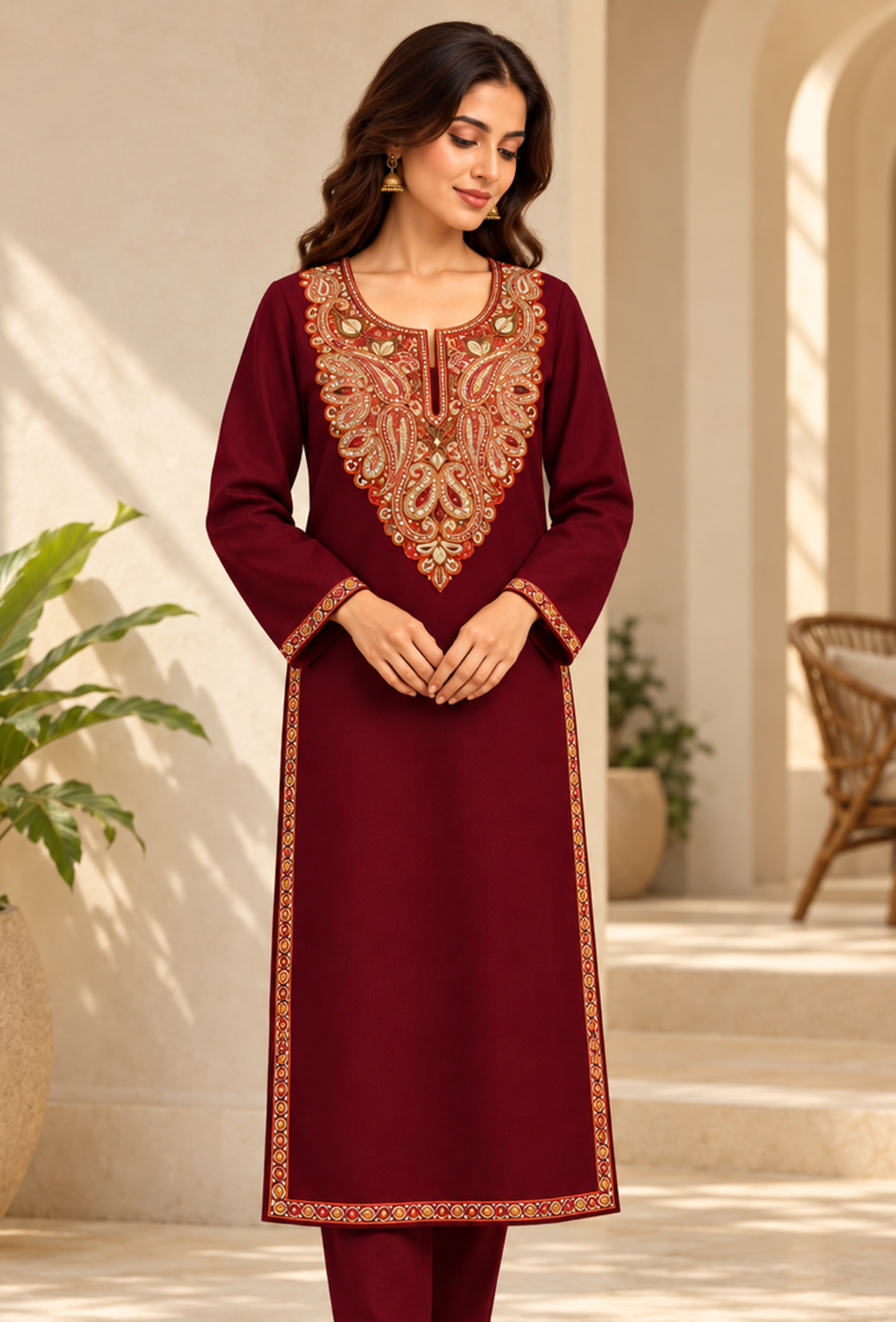 Burgundy Cashmilon Kashmiri Embroidered Lace Phiran サイズ フリーサイズ