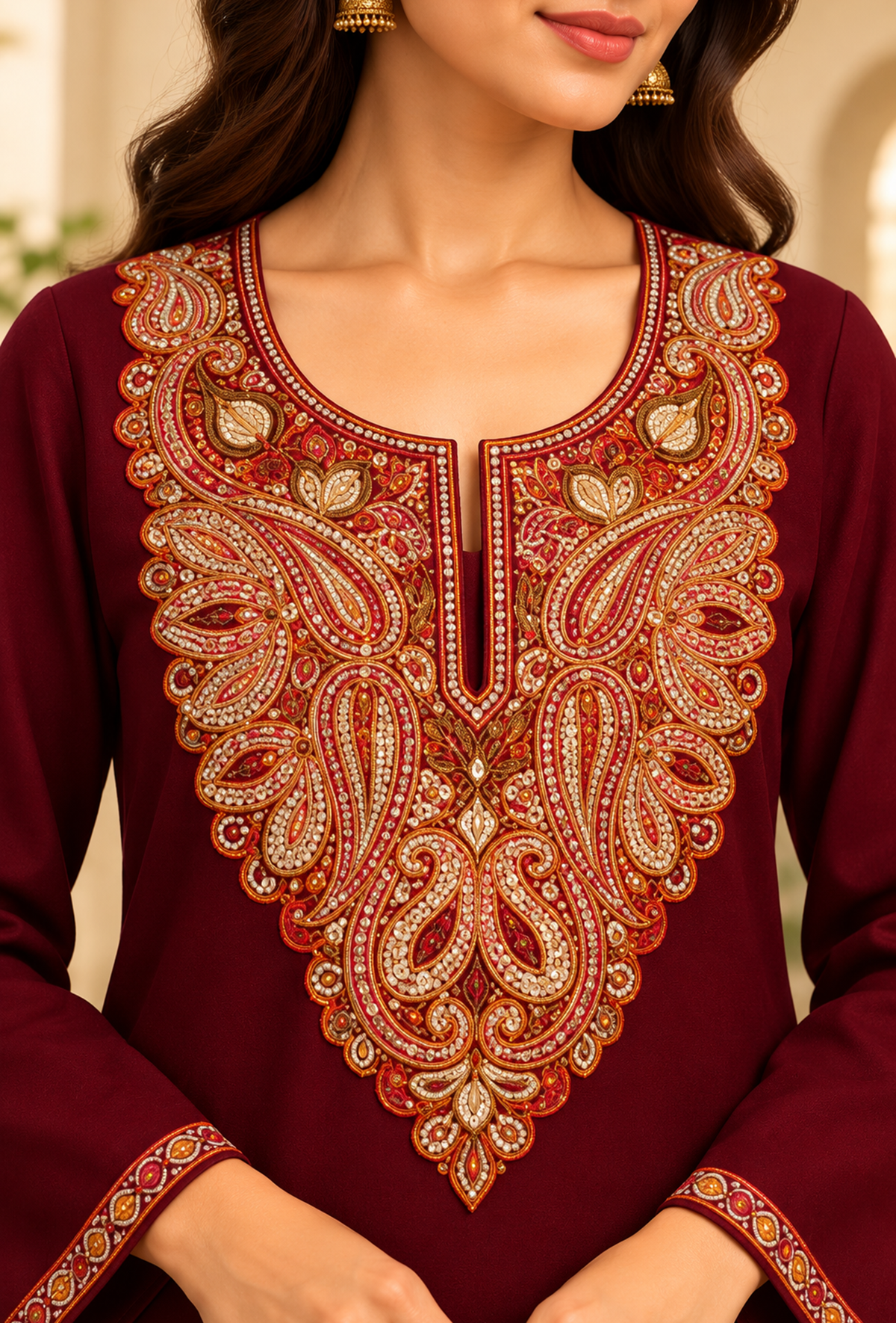 Burgundy Cashmilon Kashmiri Embroidered Lace Phiran サイズ フリーサイズ