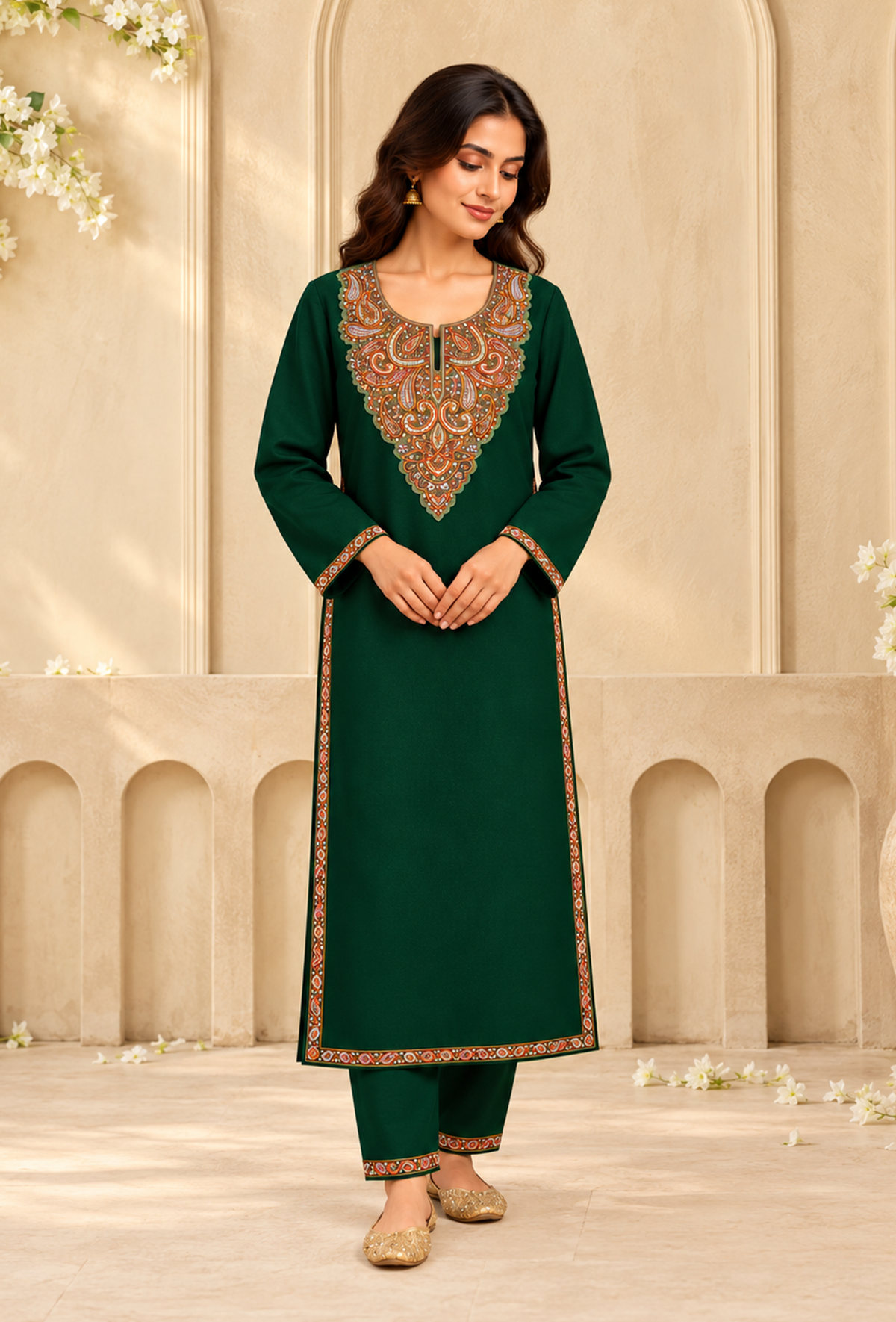 Set of 2: Dark Green Cashmilon Kashmiri Embroidered Lace Phiran & Pant Set パンツ L