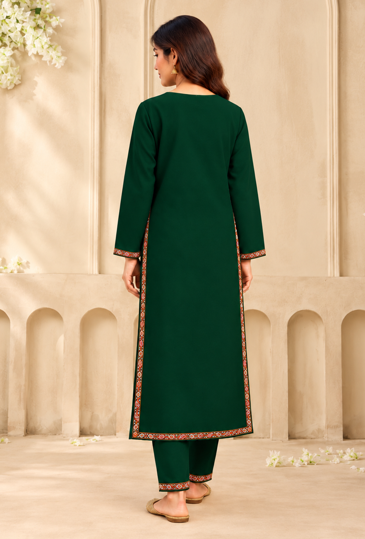 Set of 2: Dark Green Cashmilon Kashmiri Embroidered Lace Phiran & Pant Set パンツ XL