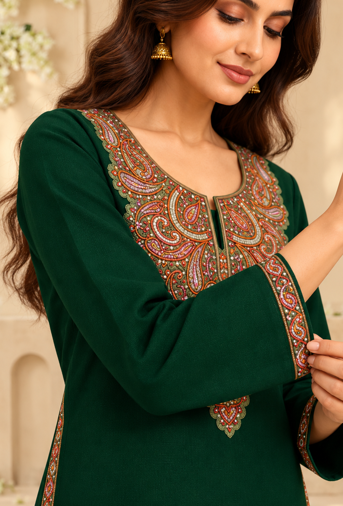 Set of 2: Dark Green Cashmilon Kashmiri Embroidered Lace Phiran & Pant Set パンツ L