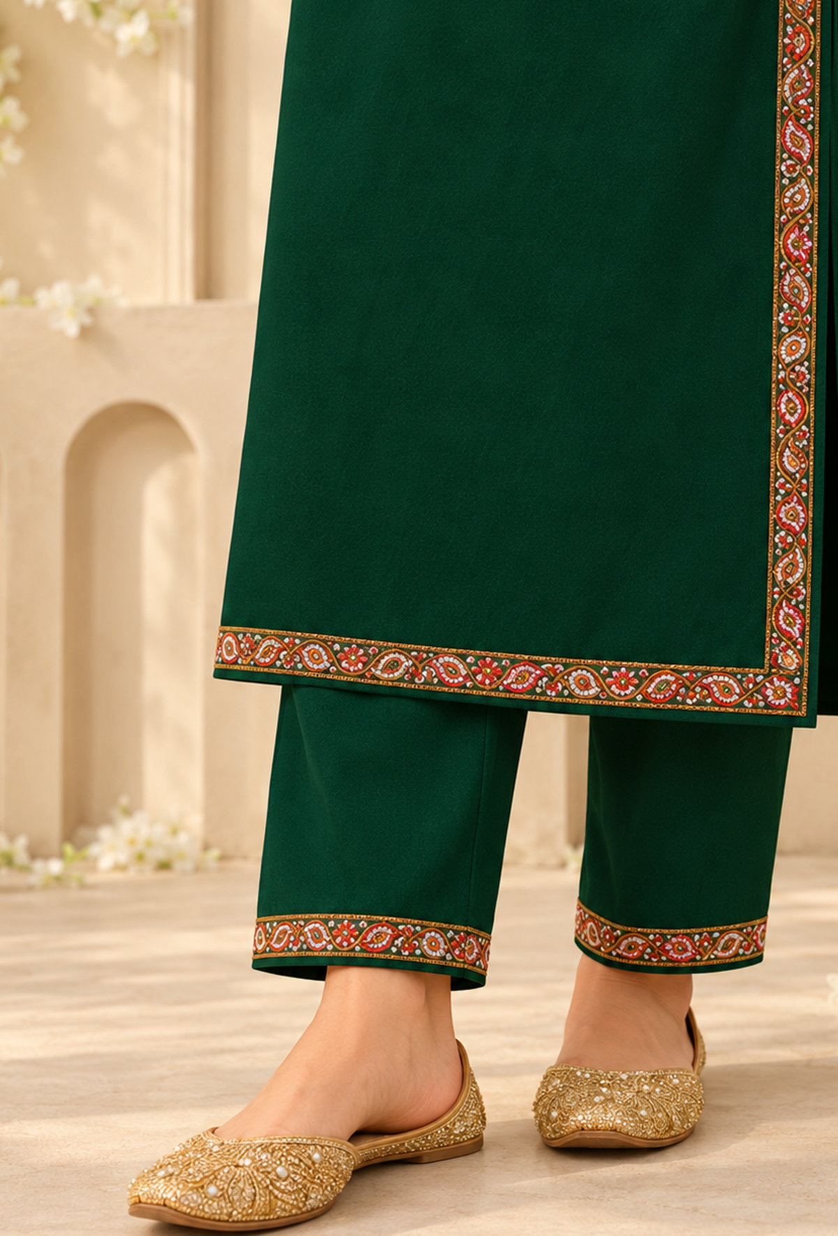 Set of 2: Dark Green Cashmilon Kashmiri Embroidered Lace Phiran & Pant Set パンツ XS
