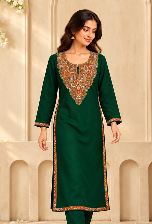 Dark Green Cashmilon Kashmiri Embroidered Lace Phiran サイズ フリーサイズ