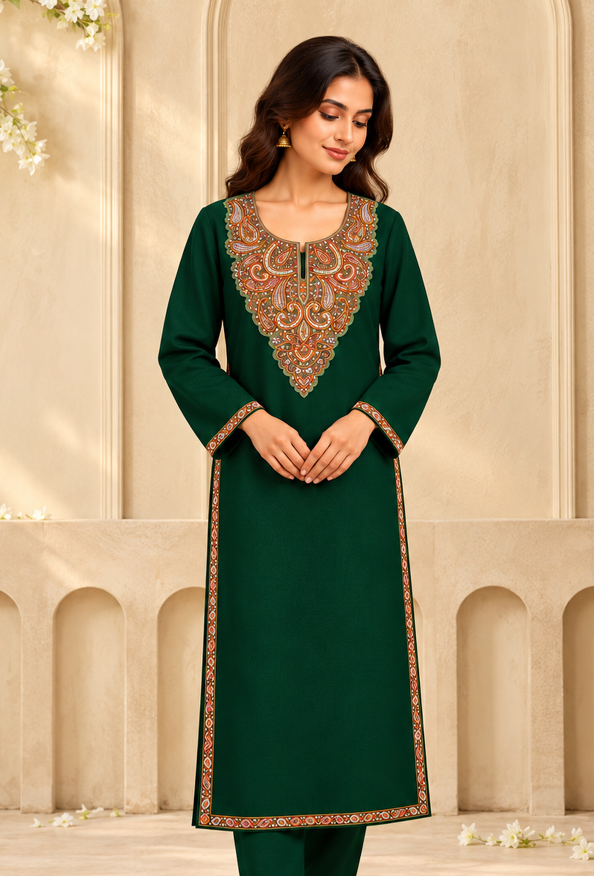 Dark Green Cashmilon Kashmiri Embroidered Lace Phiran サイズ フリーサイズ