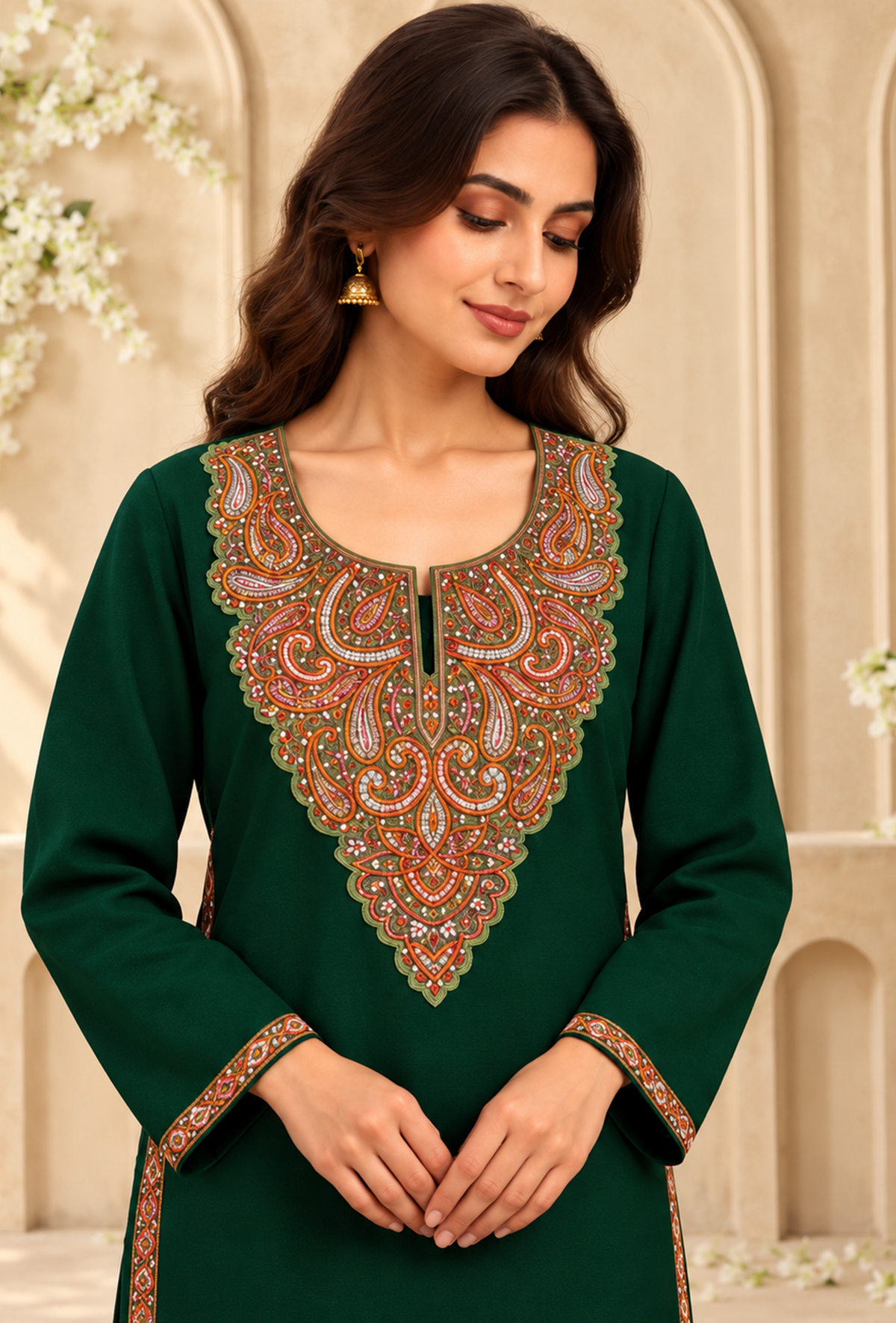 Dark Green Cashmilon Kashmiri Embroidered Lace Phiran サイズ フリーサイズ