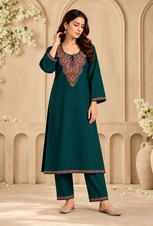 Set of 2: Teal Green Cashmilon Kashmiri Embroidered Lace Phiran & Pant Set パンツ M