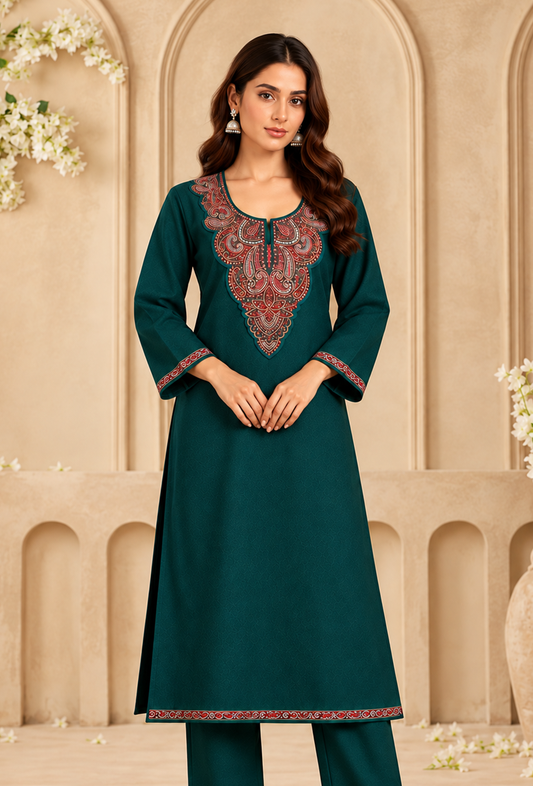 Teal Green Cashmilon Kashmiri Embroidered Lace Phiran サイズ フリーサイズ