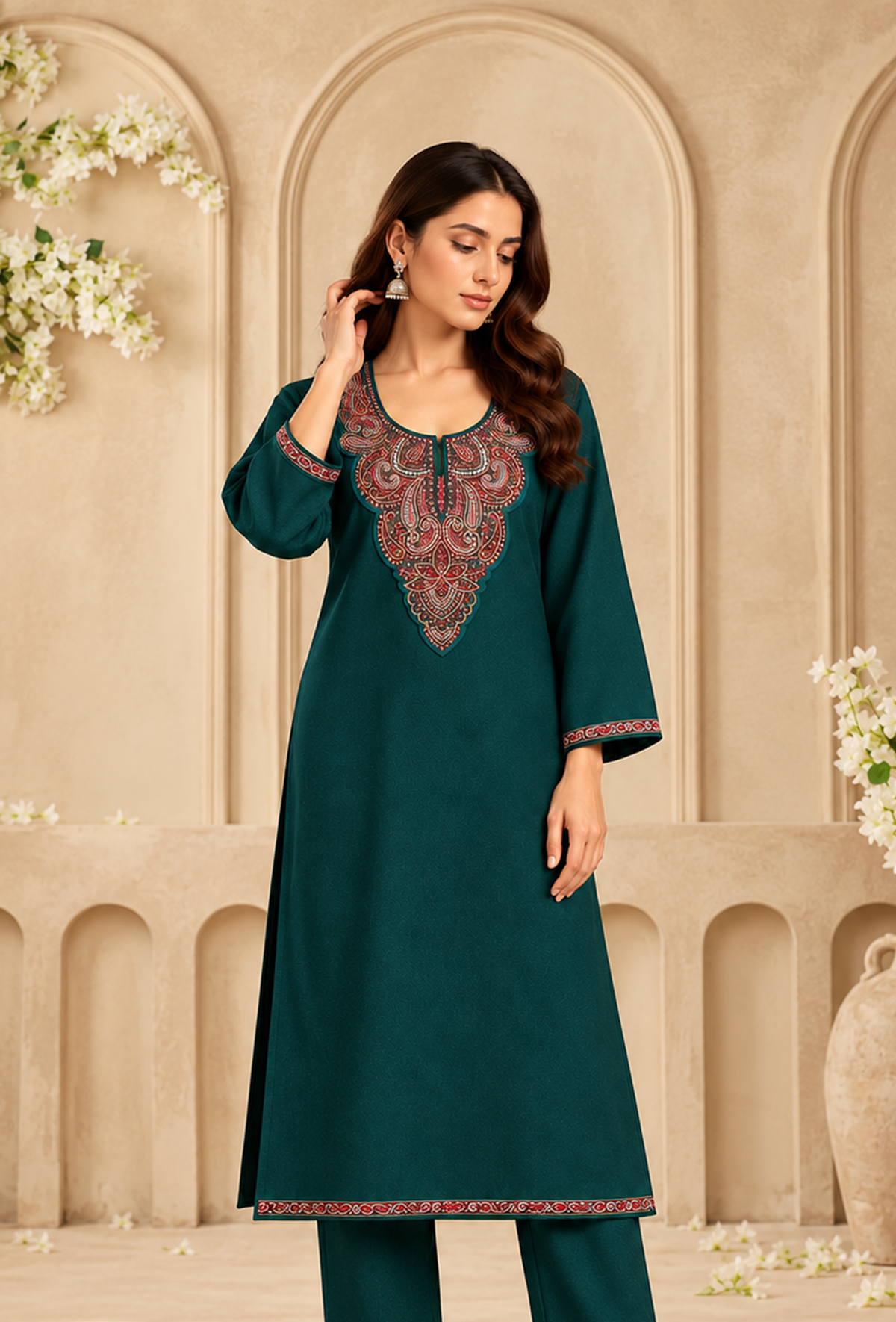 Teal Green Cashmilon Kashmiri Embroidered Lace Phiran サイズ フリーサイズ
