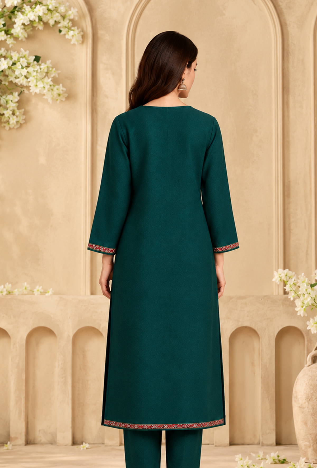 Teal Green Cashmilon Kashmiri Embroidered Lace Phiran サイズ フリーサイズ