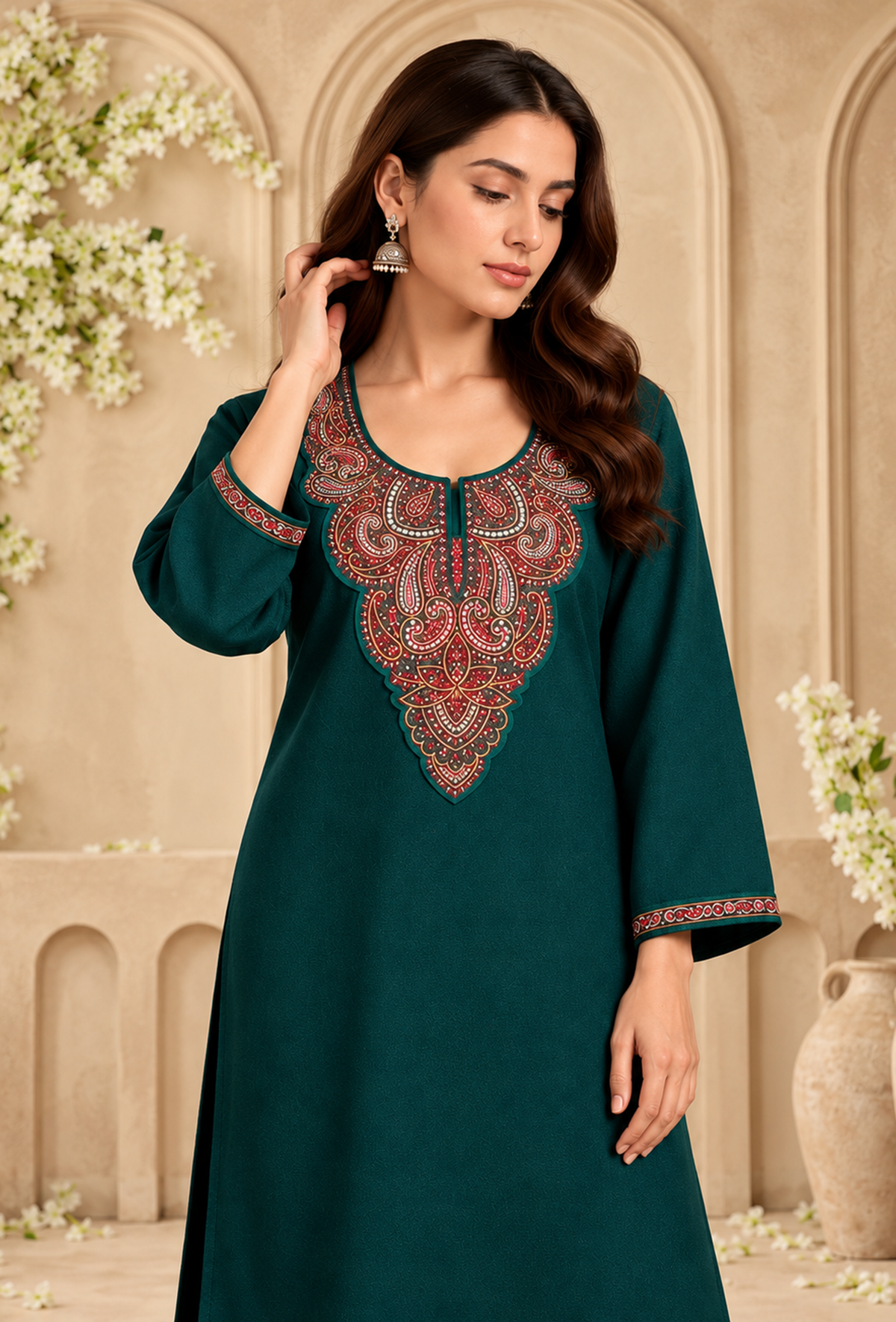 Teal Green Cashmilon Kashmiri Embroidered Lace Phiran サイズ フリーサイズ