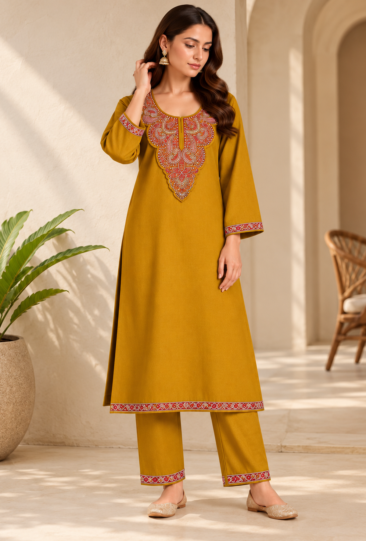 Set of 2: Noor Mustard Gold Cashmilon Kashmiri Embroidered Lace Phiran & Pant Set パンツ M