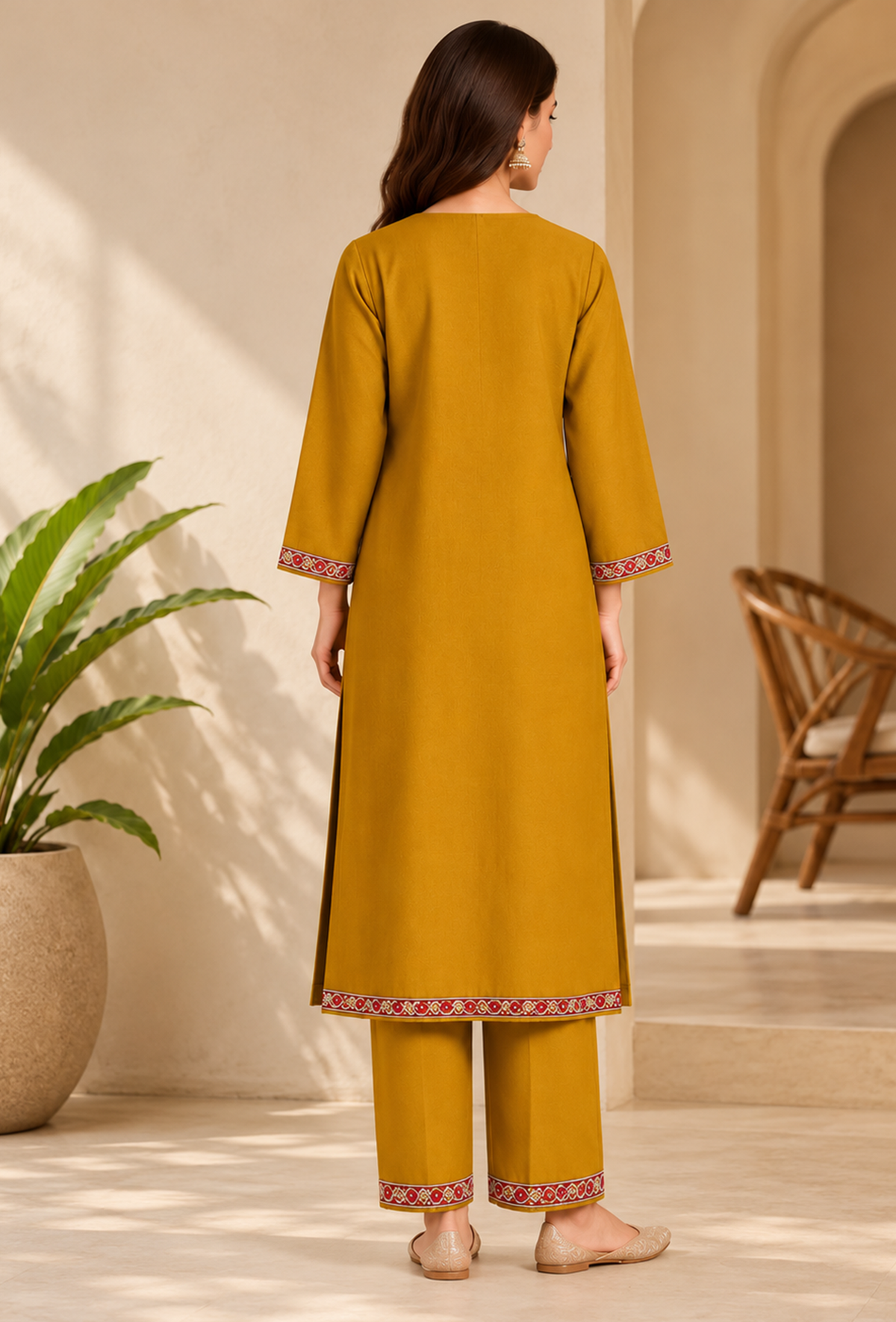 Set of 2: Noor Mustard Gold Cashmilon Kashmiri Embroidered Lace Phiran & Pant Set パンツ XS