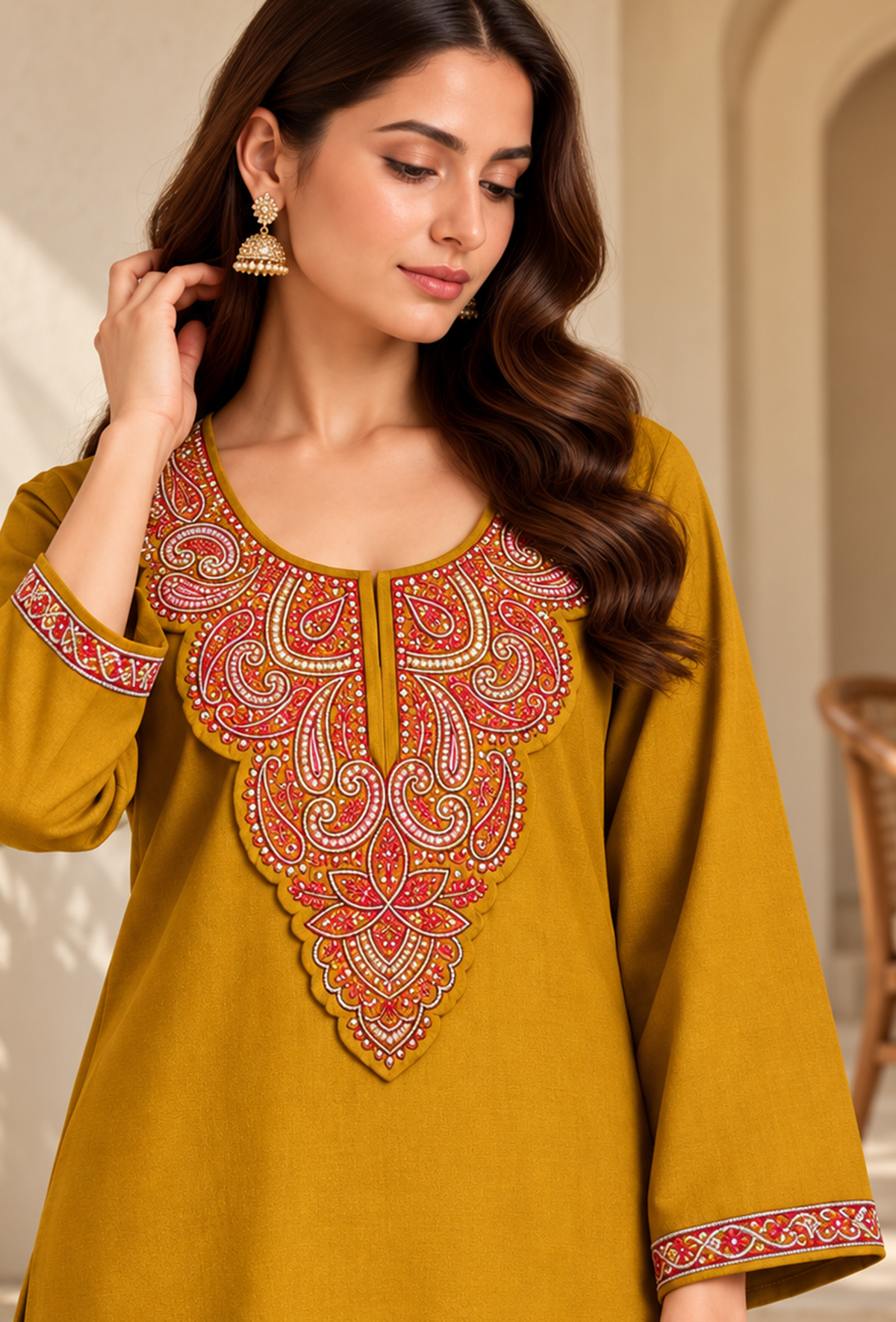 Set of 2: Noor Mustard Gold Cashmilon Kashmiri Embroidered Lace Phiran & Pant Set パンツ XXXL