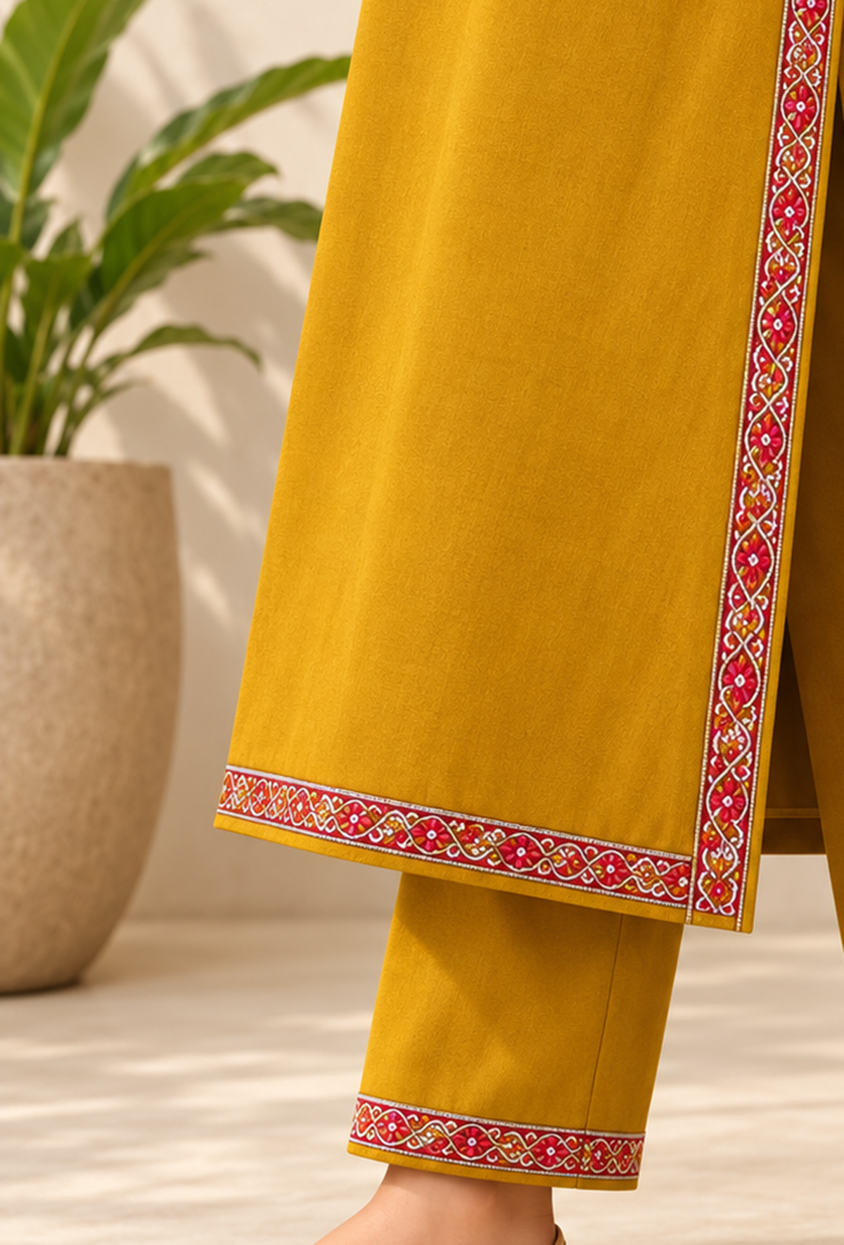 Set of 2: Noor Mustard Gold Cashmilon Kashmiri Embroidered Lace Phiran & Pant Set パンツ XXL