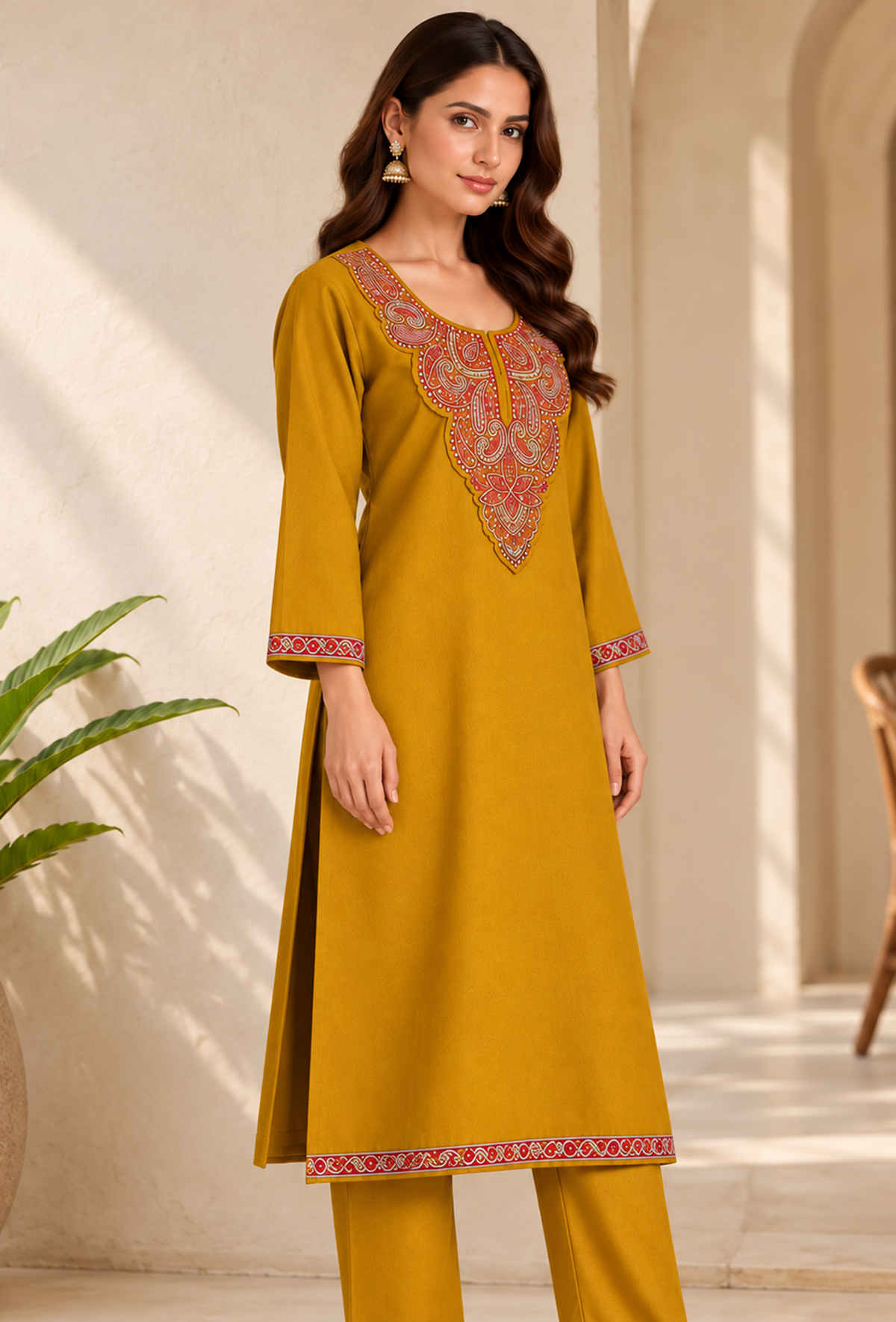 Noor Mustard Gold Cashmilon Kashmiri Embroidered Lace Straight-Fit Phiran - Free Size サイズ フリーサイズ