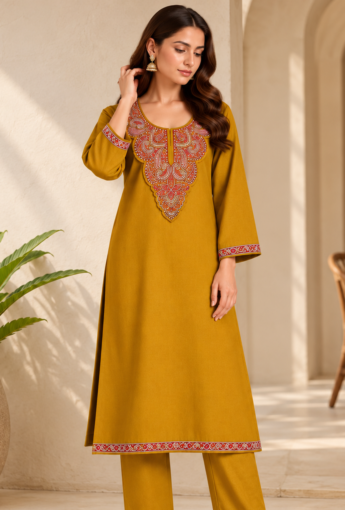 Noor Mustard Gold Cashmilon Kashmiri Embroidered Lace Straight-Fit Phiran - Free Size サイズ フリーサイズ