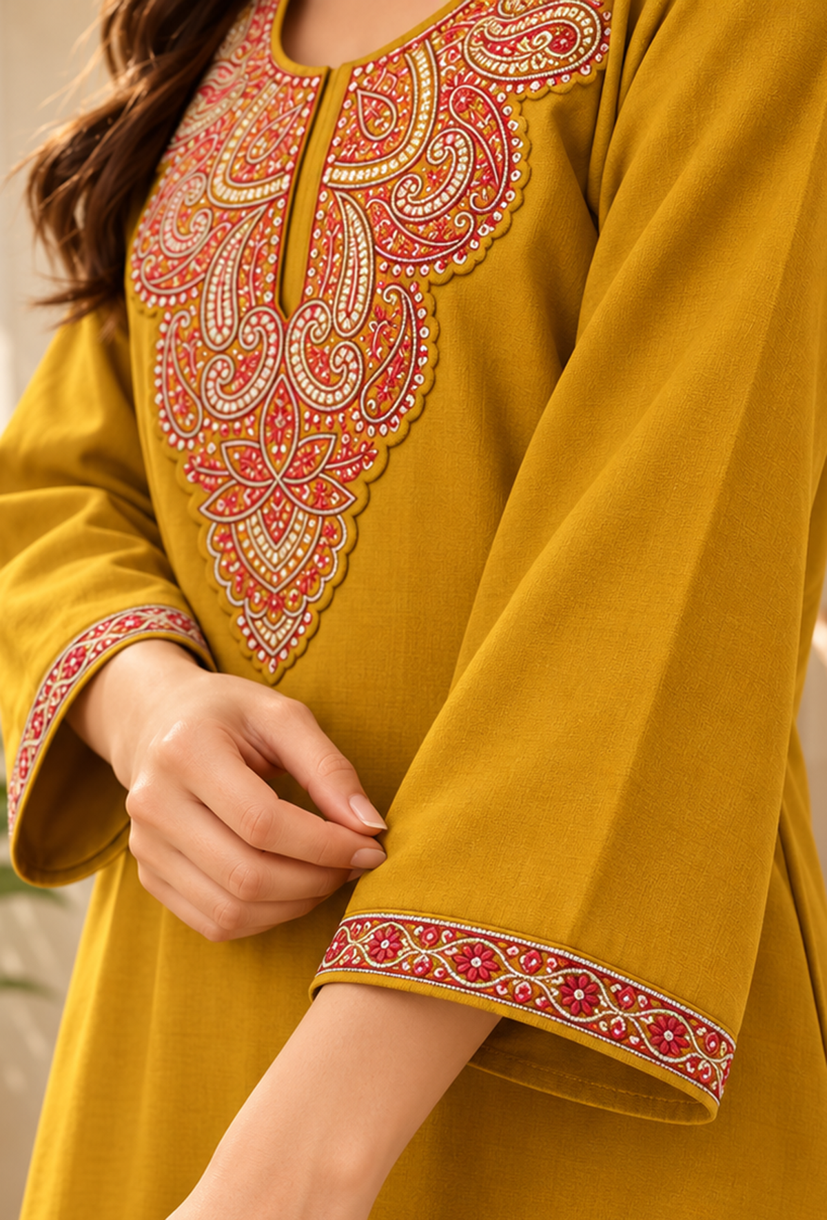 Noor Mustard Gold Cashmilon Kashmiri Embroidered Lace Straight-Fit Phiran - Free Size サイズ フリーサイズ