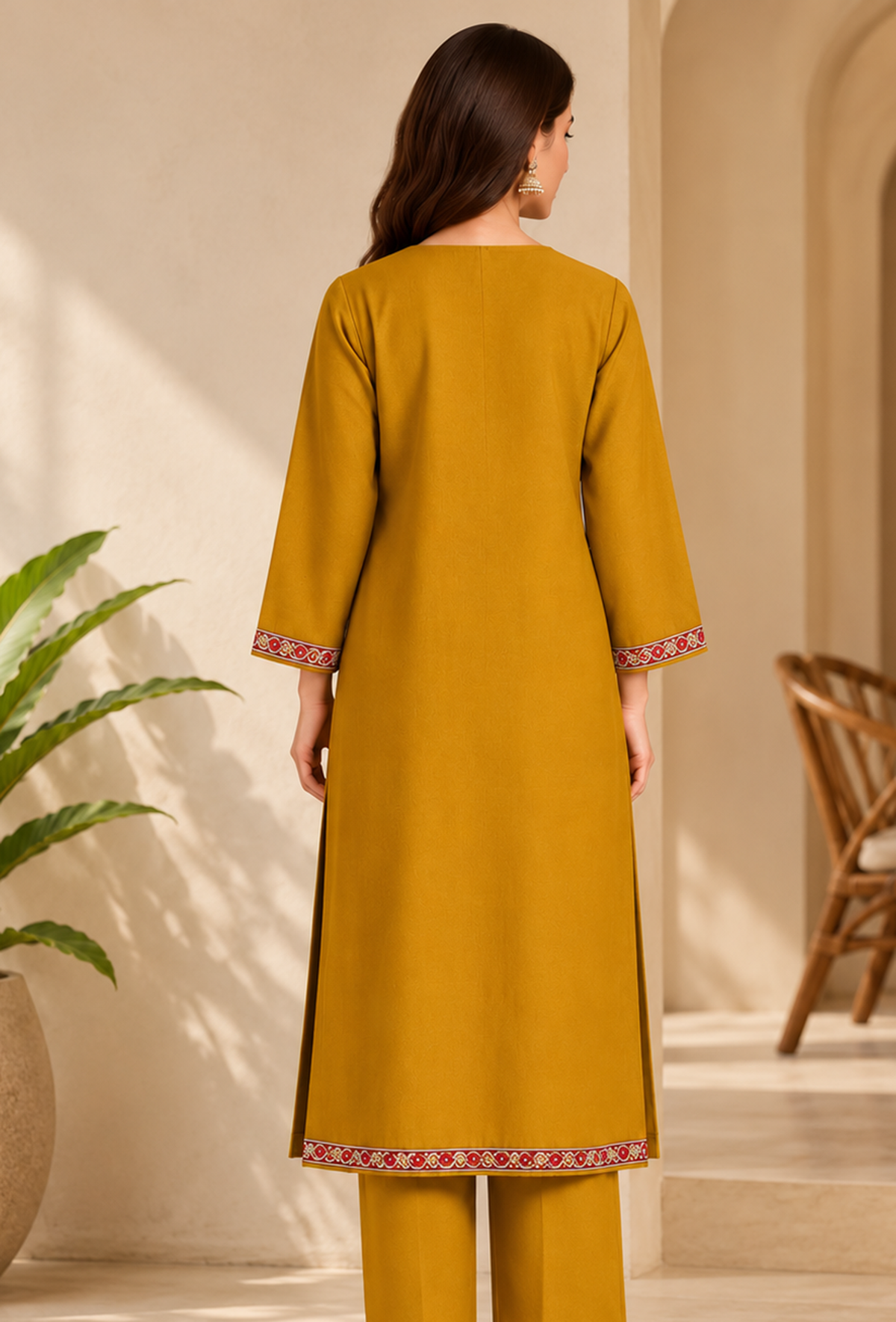 Noor Mustard Gold Cashmilon Kashmiri Embroidered Lace Straight-Fit Phiran - Free Size サイズ フリーサイズ