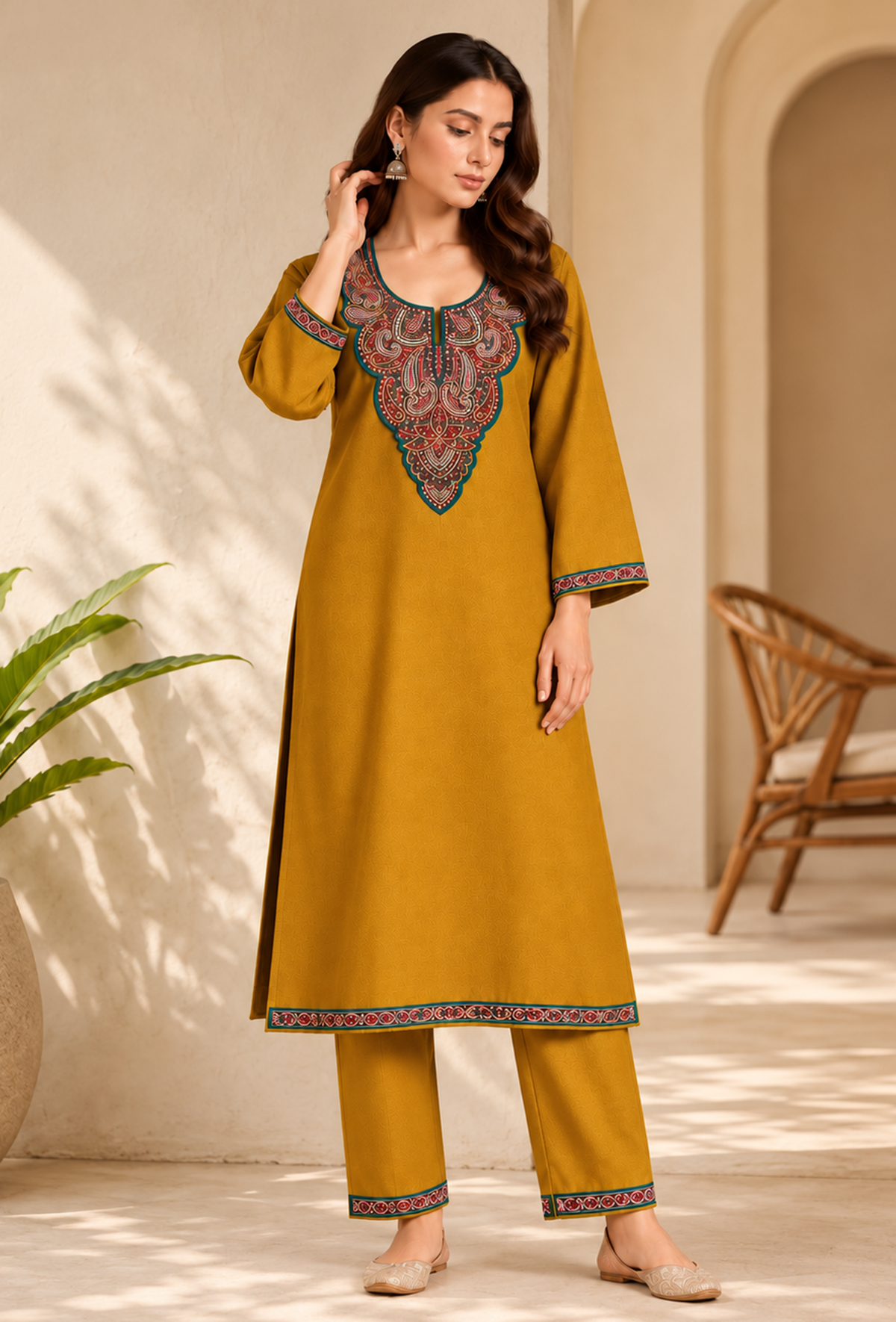 Set of 2: Zariya Sunehri Mustard Cashmilon Kashmiri Embroidered Lace Phiran & Pant Set パンツ XXXL