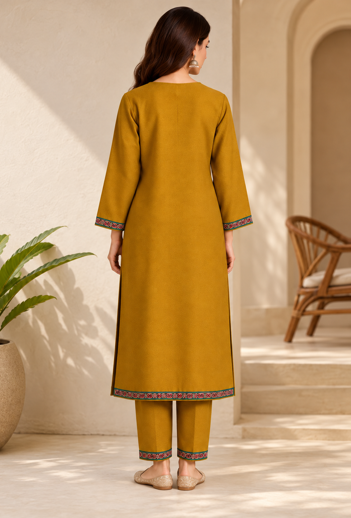 Set of 2: Zariya Sunehri Mustard Cashmilon Kashmiri Embroidered Lace Phiran & Pant Set パンツ XXXL