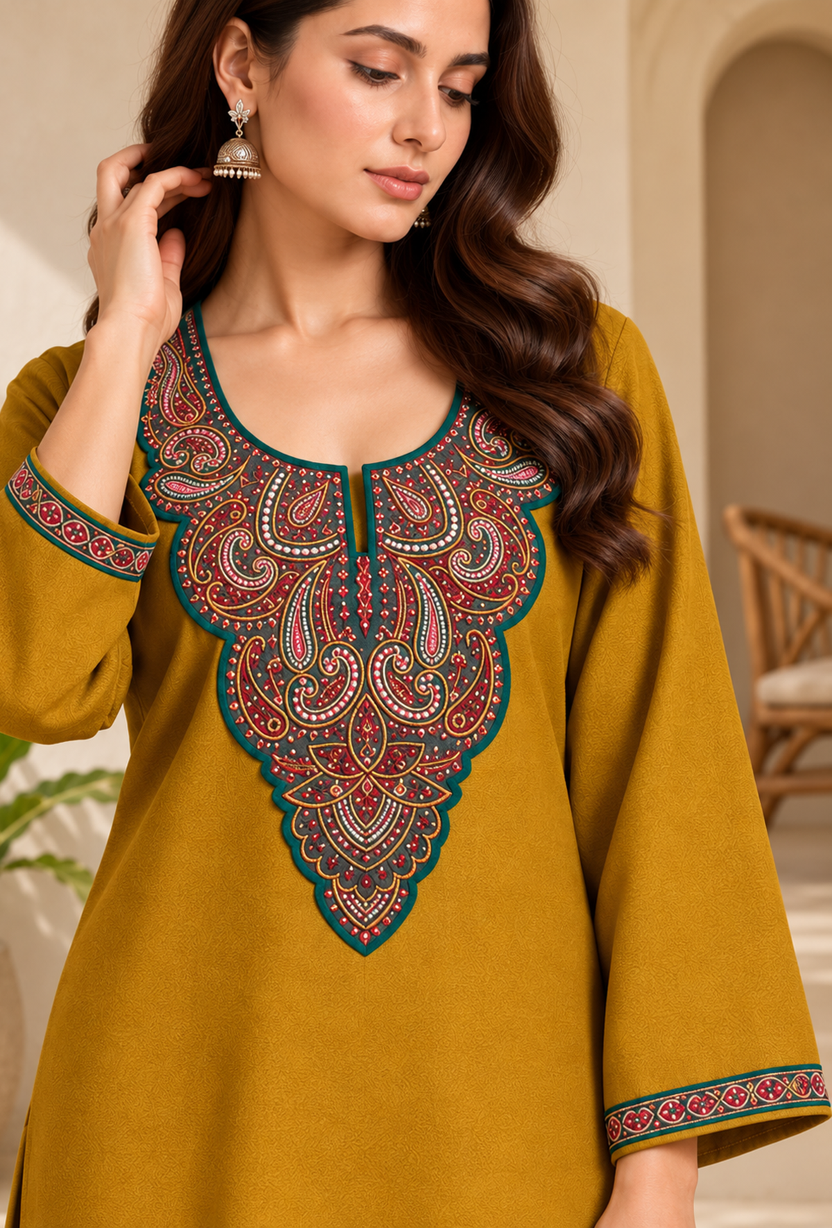 Set of 2: Zariya Sunehri Mustard Cashmilon Kashmiri Embroidered Lace Phiran & Pant Set パンツ M