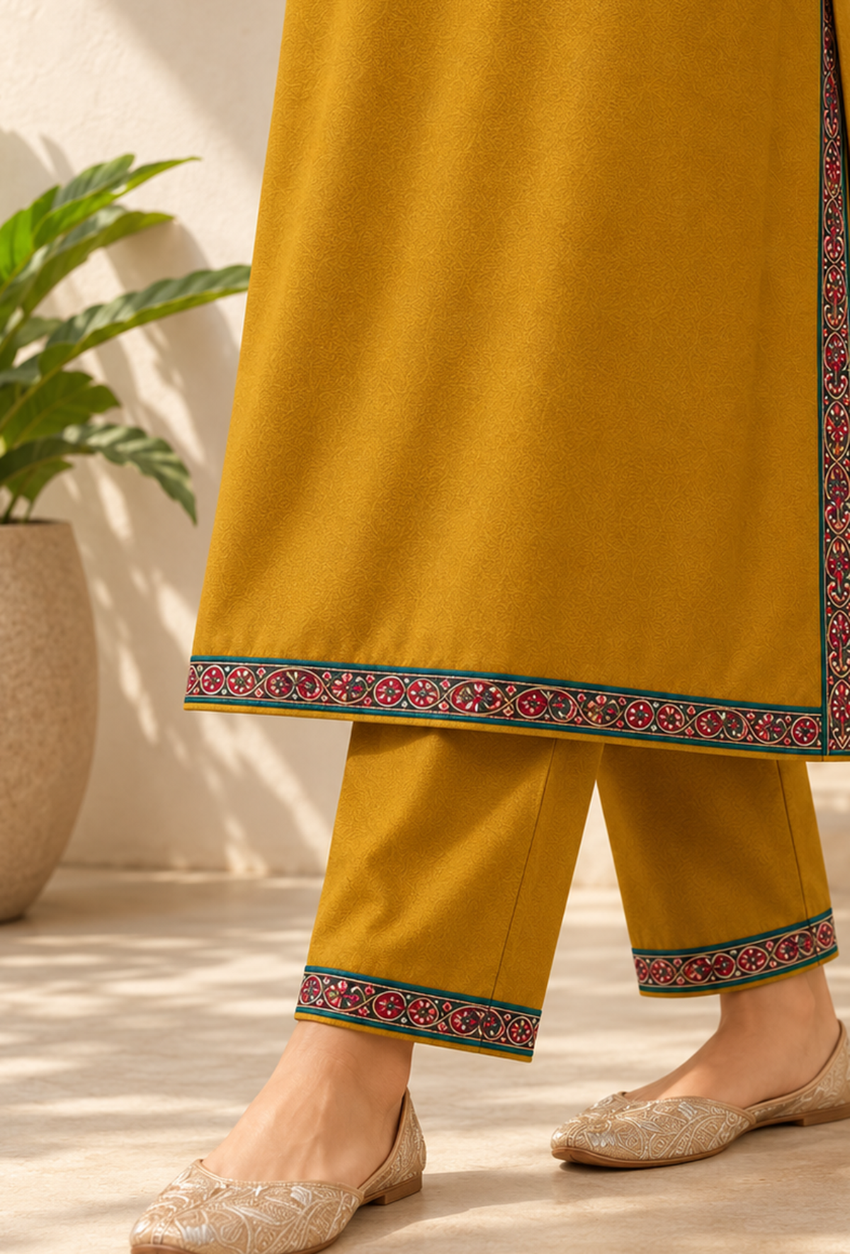 Set of 2: Zariya Sunehri Mustard Cashmilon Kashmiri Embroidered Lace Phiran & Pant Set パンツ XXXL