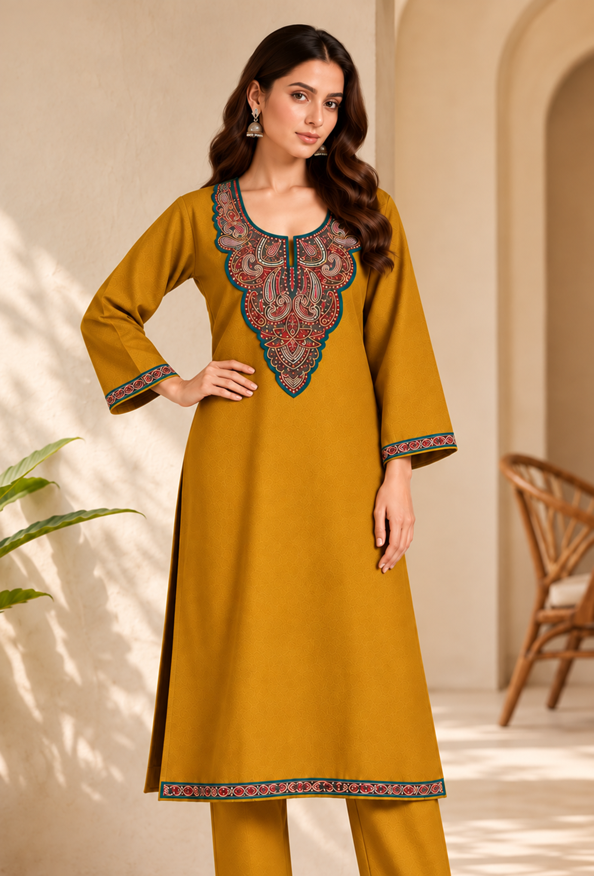 Zariya Mustard Cashmilon Kashmiri Embroidered Lace Straight-Fit Phiran - Free Size サイズ フリーサイズ