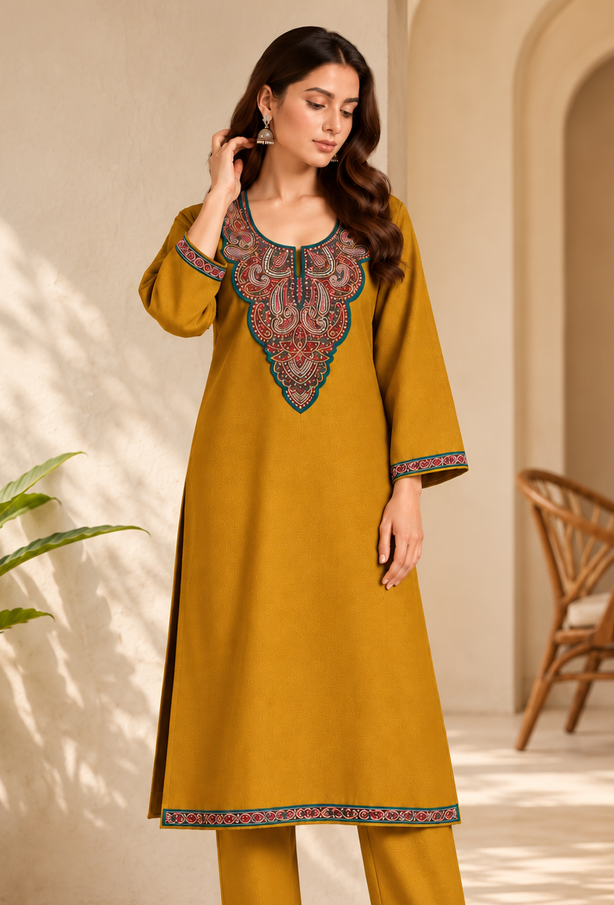 Zariya Mustard Cashmilon Kashmiri Embroidered Lace Straight-Fit Phiran - Free Size サイズ フリーサイズ