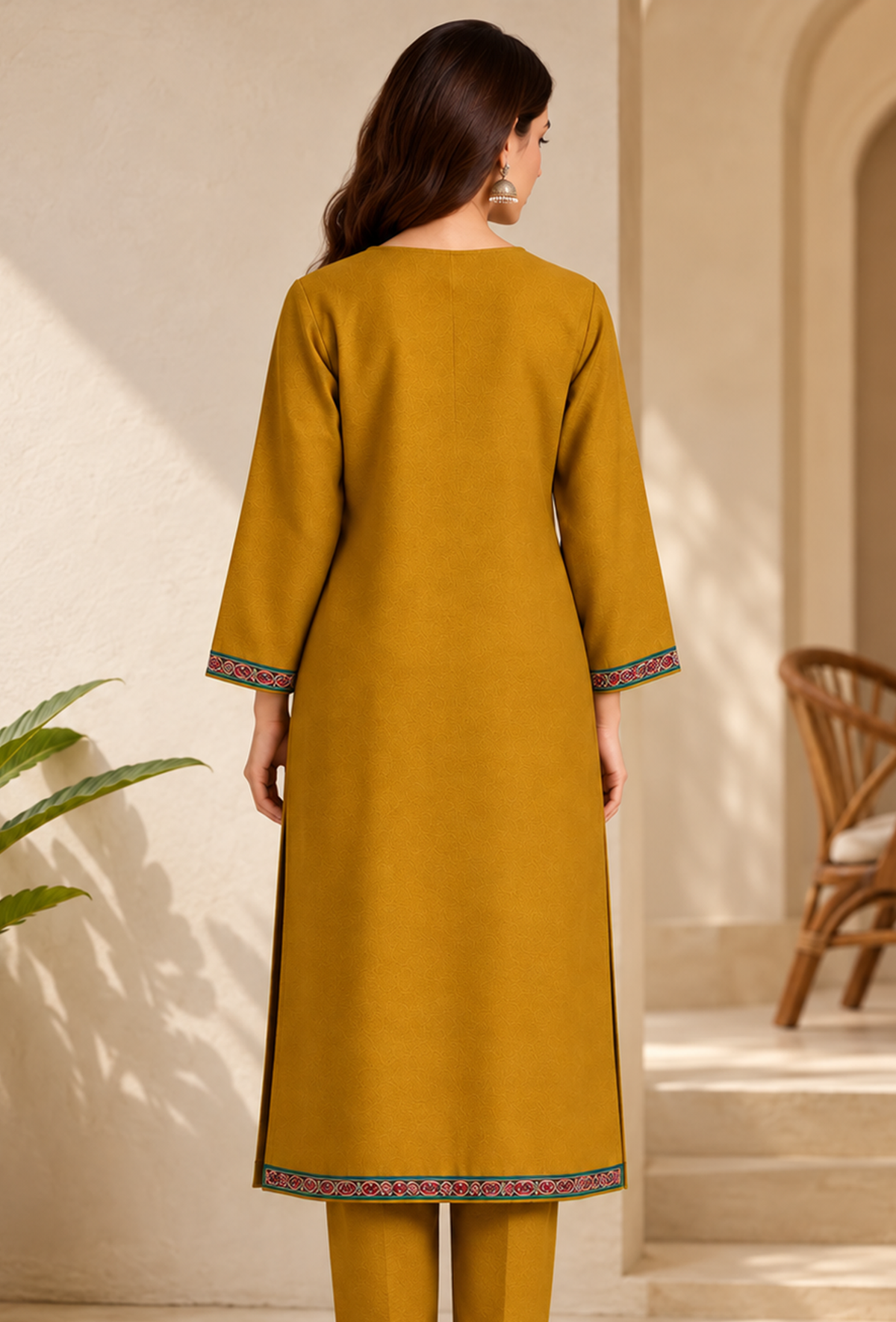 Zariya Mustard Cashmilon Kashmiri Embroidered Lace Straight-Fit Phiran - Free Size サイズ フリーサイズ