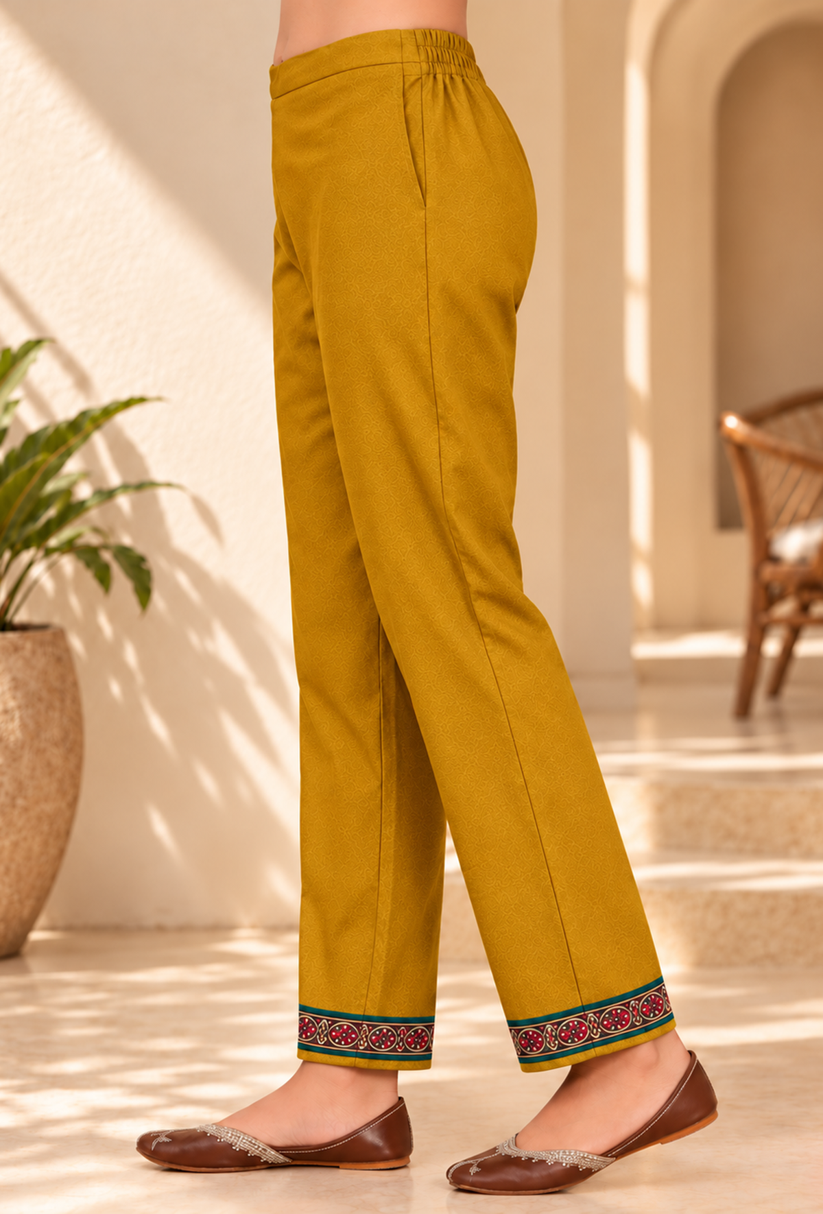 Zariya Mustard Cashmilon Straight-Fit with Kashmiri Lace Pants With Pockets サイズ M