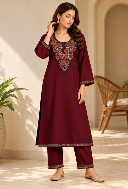 Set of 2: Aafreen Wine Maroon Cashmilon Kashmiri Embroidered Lace Phiran & Pant Set パンツ M